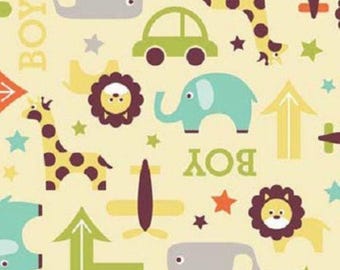 May include: A repeating pattern featuring whimsical illustrations of animals and vehicles, including a giraffe, elephant, car, and whale. The design incorporates the word "BOY" and star accents in a soft color palette of yellow, green, and blue.