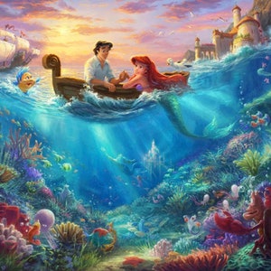 May include: A painting of Ariel and Prince Eric in a boat on the ocean. The boat is surrounded by colorful coral reefs and fish. A ship sails in the distance and a castle is visible on the shore.
