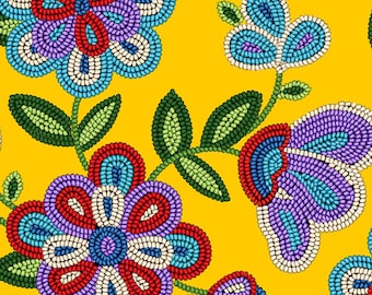 May include: A seamless pattern featuring colorful beaded flowers on a yellow background. The flowers are made of various colors, including red, blue, purple, and white. The pattern is reminiscent of Native American beadwork.