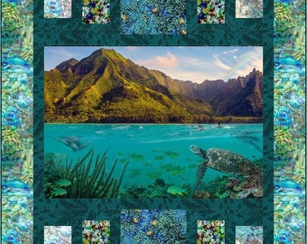 Schildkröten Quilt-Kit 135 x 180 cm, Stoffe von Hoffman, Meeresschildkröten-Geschenke Bettdecke Wohnkultur Fischgebirge Karibikkoralle