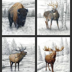 Big Game Fabric Panel 36"x43", PPD 12978 fabric by Riley Blake, Wildlife Bed Quilt Buffalo Bugling Elk Whitetail Deer Moose Wall Hanging