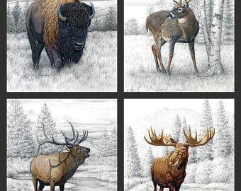 Pannello in tessuto Big Game 36"x43", tessuto PPD 12978 di Riley Blake, trapunta per letto fauna selvatica bufalo bugling alce cervo dalla coda bianca alce appeso a parete
