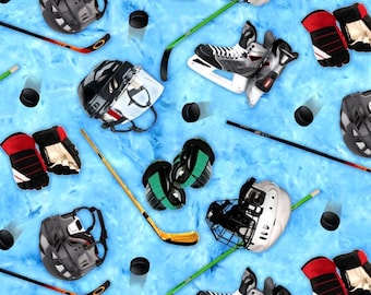 Hockey Fabric 1/2 Yard, 137-Blue Elizabeths Studio, Hockey Sticks Helmet Pads Game Sports Skates Puck Hockey Quilt Bed Blanket Gift