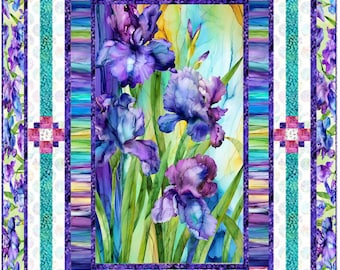May include: A vibrant quilt featuring a central panel of watercolor irises in shades of purple, blue, and green. The floral design is framed by a border of stripes, teal, and white, with a floral pattern on the outer edges. The quilt measures approximately 70 x 80 inches.