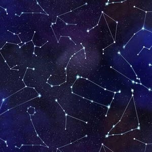 May include: A dark blue background with white constellations of stars, including the zodiac signs, scattered across the surface.
