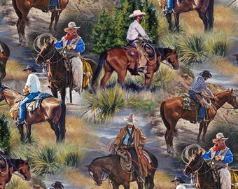 Horse Fabric 1/2 yard,  DP26977-74 Hidden Valley by Northcott, Horse Roundup Bed Gift Quilt Tractor Horses Cows Stream Quilt Block