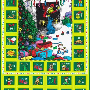 May include: A green and yellow Christmas advent calendar featuring the Grinch. Each day has a different illustration of the Grinch, his friends, and Christmas decorations. The calendar has the text "Merry Christmas" and "The Grinch" on it.
