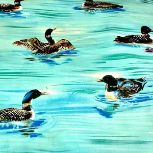 Loons on the Lake Scenic Sold by the Half Yard, Pattern # 4704 Loons by Robert Kaufman Blue, 100% Cotton Woven Fabric