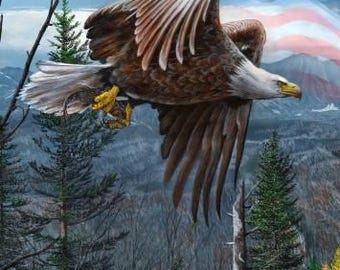 Panel digital "Que la libertad vuele por siempre", 91 x 109 cm, águila calva, bandera de EE. UU., David patriótico, BW-00211, 100 % algodón