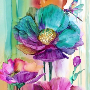 Puede incluir: Una vibrante pintura de acuarela de grandes flores estilizadas en tonos turquesa, morado y rosa. Una libélula descansa sobre una de las flores turquesas. Las flores tienen una apariencia texturizada, con un centro dorado. El fondo tiene rayas verticales.