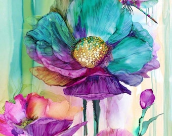 May include: A vibrant watercolor painting of large, stylized flowers in shades of teal, purple, and pink. A dragonfly rests on one of the teal flowers. The flowers have a textured appearance, with a golden center. The background has vertical stripes of color.