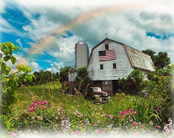 Barn in Spring Flag Rainbow Fabric Panel 42"x33", 5277-145 Spring by Hoffman Fabrics, Spring Wildflowers Barn Farm Yard Red Truck Quilt