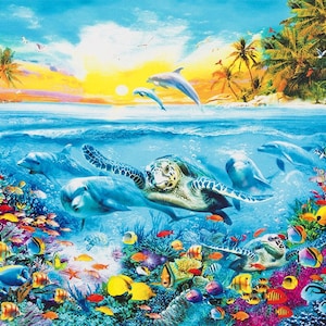 Adventure Fabric Panel 43 &quot;x35&quot;, AYK-17574-267 von Robert Kaufman Delfin Oktopus Clownfisch Fisch Schildkröte Palmen Riff Koralle