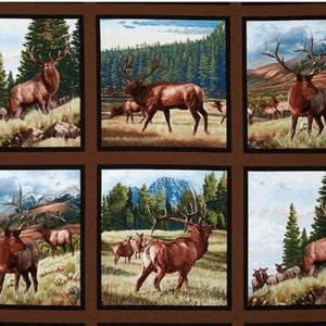 May include: A brown and green fabric with a repeating pattern of elk in a forest setting. The elk are brown with large antlers and are standing in a grassy field with trees in the background.