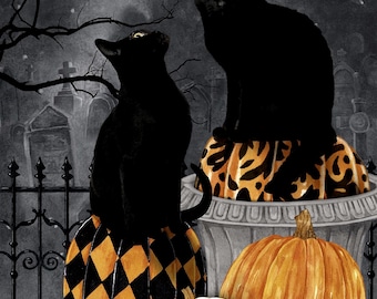 May include: A Halloween-themed illustration featuring black cats, pumpkins, and a full moon. Two cats sit atop decorative pumpkins, while others are arranged below. The pumpkins have various patterns, including harlequin, polka dots, and leopard print.