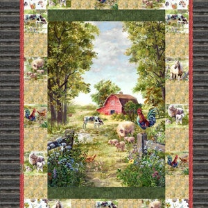 May include: A colourful quilt block featuring a red barn with a white roof, green trees, a blue sky with white clouds, and a variety of farm animals including cows, pigs, chickens, and sheep. The quilt block is surrounded by a border of smaller squares with images of farm animals and other rural scenes.
