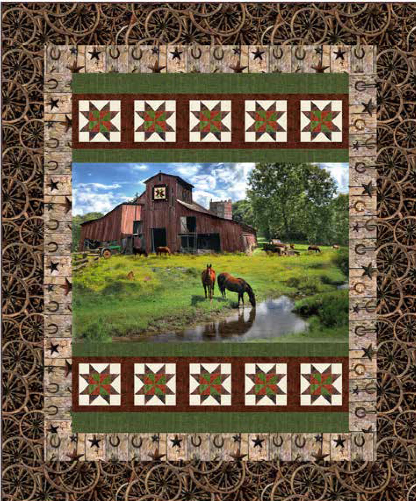 Quilt Kit 60"x72" Horses at Creek by Hoffman, Red Barn Horses Farm Lift Gift Bed Quilt Stream Horseshoes Home Decor Wagon Wheels