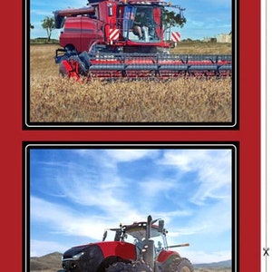 May include: Two red farm vehicles in a field. The first is a combine harvester with a large red cab and a long, black auger. The second is a red tractor with large black tires.