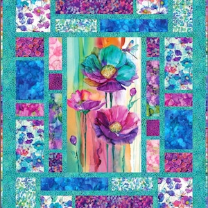 May include: A vibrant floral quilt with a central image of large, stylized flowers in teal, purple, and pink. The quilt has a teal border and is made up of various patterned fabric blocks.