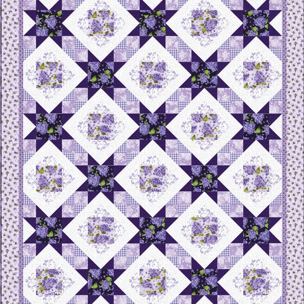 Quilt Kit 70"x82", Rosy Stars Quilt Kit using Elizabeth fabrics from Henry Glass, Lilacs Gift Bed Quilt Lap Twin Double Queen