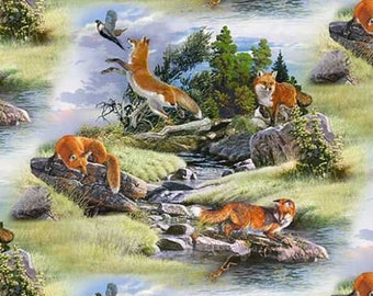 May include: A seamless pattern featuring red foxes in a woodland setting. The foxes are depicted in various poses, including jumping, sitting, and running. The background features a stream, rocks, and lush greenery.