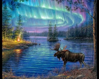 Moose Northern Lights Fabric Panel 36"x43, 9500E-BLK by Elizabeth Studios, Moose Quilt Wall Hanging