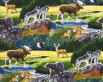 May include: A colourful fabric featuring a woodland scene with various animals, including moose, deer, wolves, bears, and foxes. The fabric has a blue background with green trees and a stream running through it.