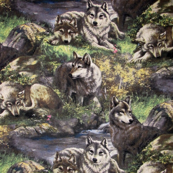 Wolves 1/2 yard,  15082 Lazy Afternoon wolf scenic allover fabric, Wolf bed quilt toddler adult wall hanging