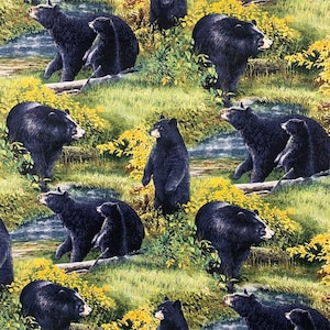 Black Bear Fabric 1/2 Yard, CP59986 Basic Black Scenic by Wild Wings, Black Bear Quilt Wall Hanging Table Runner Placemats