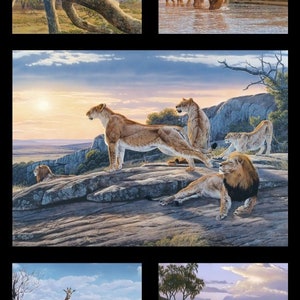Panel de tela de animales africanos 24"x44", 5014 Elizabeth Studios Fabric, León Jirafa León Cebra Jaguar Elefante