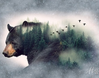 Panneau en tissu ours 42 x 27 po, P4356-44-Panneau numérique L'appel de la nature forêt de Hoffman Fabrics Tissu de couette en coton Cadeau ours