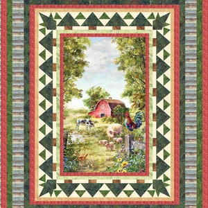 Quilt Kit 150x180cm Frühlingserinnerungen auf dem Bauernhof, Stoff von Hoffman, Rote Scheune Gartenblumen Geschenk Bett Quilt Kit