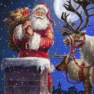 Christmas Is Here Fabric Panel 36&quot;x44&quot;, Santa on Rooftop fabric, Reindeer fabric