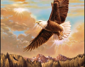 Eagle Fabric Panel 36"x43", P6480-Eagle Majestic Outdoors, Eagle soaring over mountains fabric panel