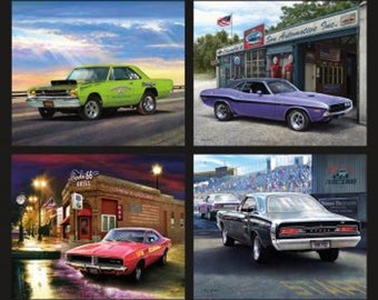 May include: Four different images of classic American muscle cars. The first image shows a green car with a white stripe, the second image shows a purple car with a white stripe, the third image shows a red car with a white stripe, and the fourth image shows a black car with a white stripe.