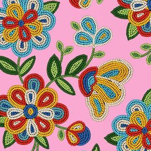 May include: A repeating pattern of colourful, beaded flowers and leaves on a pink background. The flowers feature red, yellow, blue, and white beads, with green leaves and stems. The design is reminiscent of Native American beadwork.