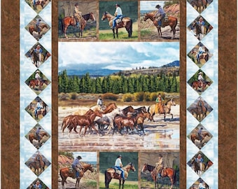 Quilt Kit 60"x72" Hidden Valley by Northcott, Horses Gift Bed Quilt Stream Horseshoes Home Decor Wild Horses Cowboys Wall Hanging