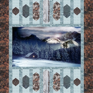 Quilt Kit 57”x87&quot;, Mystic Owl Wildlife by Hoffman, Owl Log Cabin Northern Lights Gift Bed Quilt Forest Winter Queen Throw Lap