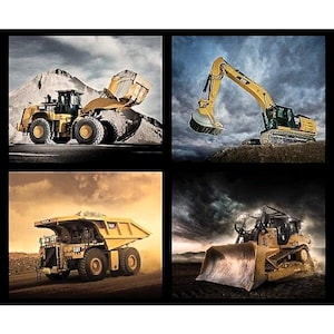 May include: Four images of Caterpillar construction vehicles. A yellow front-end loader scoops up a pile of dirt. An excavator with a raised arm and bucket. A large yellow dump truck. A yellow bulldozer with a blade.