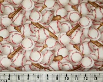 May include: A white fabric with a repeating pattern of baseballs and bats. The baseballs are white with red stitching and the bats are brown.