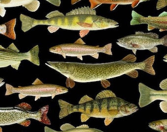 Fisch Stoff 1/2 Yard, C6405 Timeless Treasures, Natur Angeln Camping Zelten Fangen einen Fisch Fischen Angeln