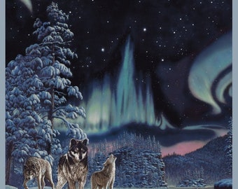 Wolf Fabric Panel 36&quot;x44&quot;, Northern Lights Wolf 50063DP, Windham Fabrics, Wolf Gift Quilt Wall Hanging