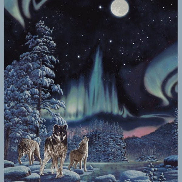 Wolf Fabric Panel 36"x44", Northern Lights Wolf 50063DP, Windham Fabrics, Wolf Gift Quilt Wall Hanging