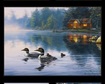 RARE Loon Fabric Panel 24&quot;x44&quot;, 8909Black by Elizabeth&#39;s Studios, Loon Swimming Log Cabin Lake River Outdoors Wildlife