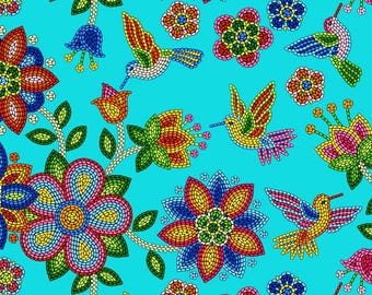 Native Beadwork and Hummingbirds Fabric 1/2 Yard, 640Turquoise by Elizabeth's Studio, Indigenous Quilt Blanket Wall Runner Ribbon Skirt