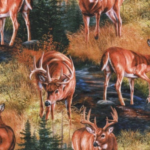 Deer Fabric 1/2 Yard, Stoney Brook Wild Wings 14020, Deer in Water Forest Quilt Wall Hanging Bed Table Runner Placemat Buck Doe