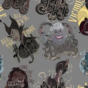 Op de afbeelding: Een grijze achtergrond met verschillende Disney-schurken in een grafische ontwerpstijl. De schurken zijn Ursula, Maleficent en Jafar. De tekst "All the Evil All the Time" is opgenomen in het ontwerp.