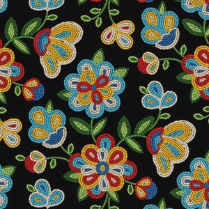 May include: A repeating pattern of vibrant, stylized flowers and foliage on a black backdrop. The floral elements are rendered in a beaded style, using red, yellow, blue, and white, with green leaves and stems. The design evokes a folk art sensibility.