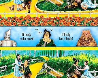 Follow Yellow Brick by the Yard, Wizard of Oz fabric 1649, Judy Garland as Dorothy Glinda Tin Man Cowardly Lion Scarecrow Slippers Quilt