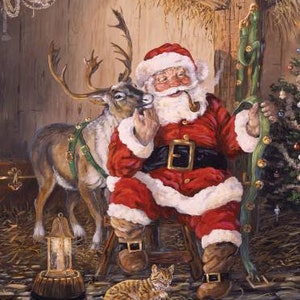 Santa Christmas Reindeer Cat Fabric Panel, Christmas Memories P8692 by Riley Blake, Christmas Santa Quilt Wall Hanging